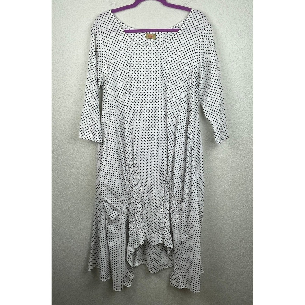 Tulip Midi‎ Dress XS White Polka Dot 3/4 Sleeves Asymmetrical Hem Pintucks Artsy